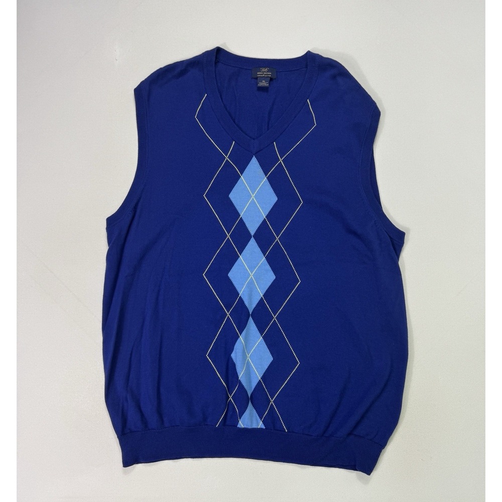 Brooks Brothers 346 Supima Cotton Sweater Vest Mens XL Blue Argyle Golf V-Neck